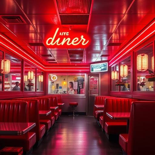 Interior of a retro vintage diner with neon lights and red booths.
