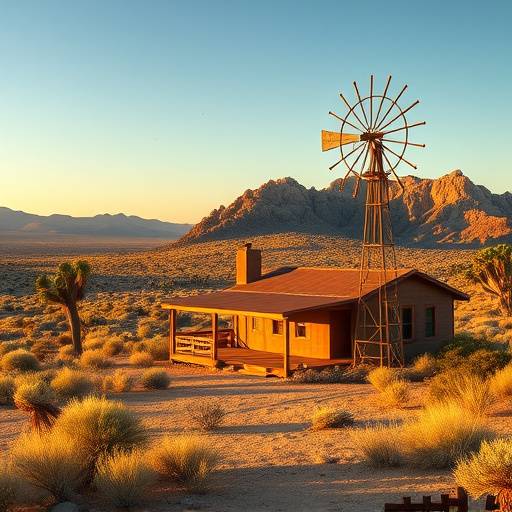 Secluded desert ranch in Joshua Tree featuring a rustic house, vast desert landscape, and a classic windmill.